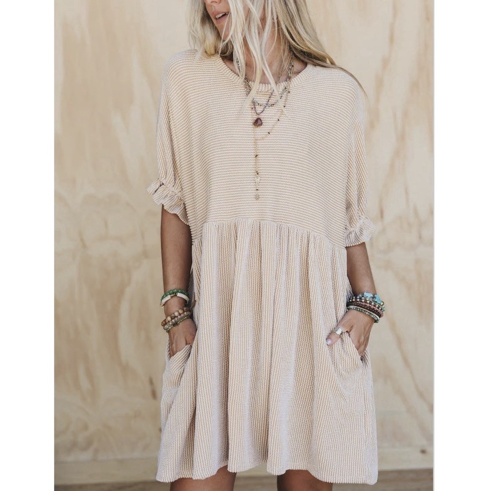 Three Bird Nest "the nest" Puff Sleeve Mini Dress Loose Fit Black/Tan Stripes M